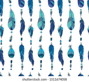 Seamless feather pattern. Blue. Feathers and beads. White background. Isolated objects. Bright sketch for your decor.