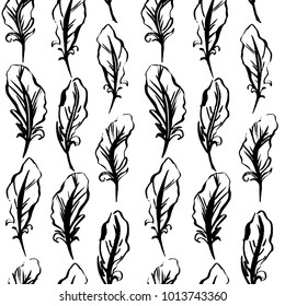 Seamless feather pattern. Hand drawn repeatable design. Black artistic plume isolated on white background. Boho style.