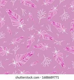 Seamless feather pattern. Vector drawing by hand. For cover design, fabric, things, postcards, decoupage