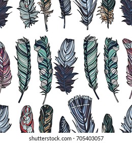 Seamless feather pattern. Vector illustration.  for prints, cards, posters, products packaging, branding.