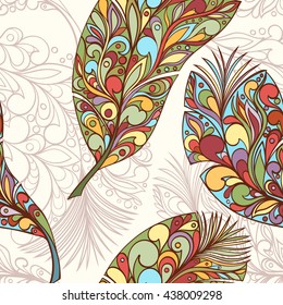 Seamless feather zentangle style pattern can be used for wallpaper, website background, wrapping paper. Feather hand-drawn vector bright pattern. Zentangle design. Natural concept.