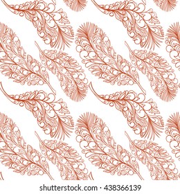 Seamless feather zentangle style pattern can be used for wallpaper, website background, wrapping paper. Feather hand-drawn vector bright pattern. Zentangle design. Natural concept.