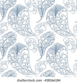 Seamless feather zentangle style pattern can be used for wallpaper, website background, wrapping paper. Feather hand-drawn vector bright pattern. Zentangle design. Natural concept.