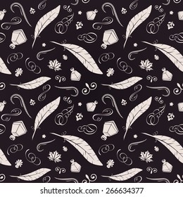 Seamless feathers background. Vector vintage hand calligraphic