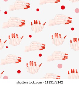 Seamless female hand pattern on white background. Cute funny girlish illustration with red nails. Trendy fashion illustration with circles