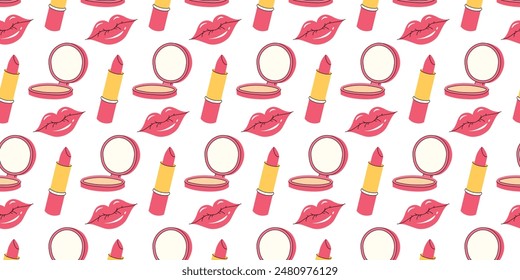 Seamless Female Pattern with Lipstick, Mirror and Lips. Happy Women's Day. Beautiful pattern on the theme of women, beauty. Cosmetic elements. Vector illustration in flat style.