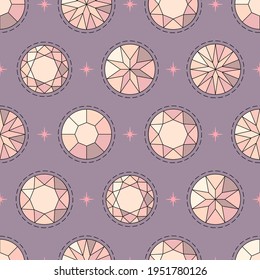 Seamless feminine magic pattern with pink diamonds on a dark purple background in cartoon style. Vector illustration
