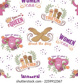 Seamless feminist pattern for March 8 with lettering you are the queen and women can, hands clenched into a fist and uterus in doodle style