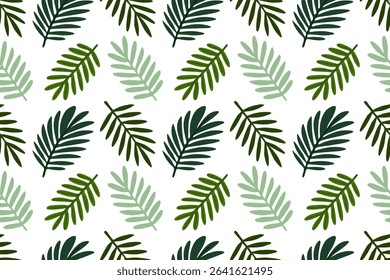 Seamless fern and palm leaf pattern with fresh green tones on white. Perfect for eco-friendly packaging, textiles, and botanical visuals