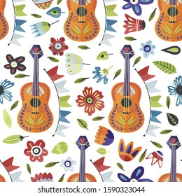 Seamless festival vector pattern with guitar and flowers. Colorful Mexican musical background, fiesta carnival symbol.