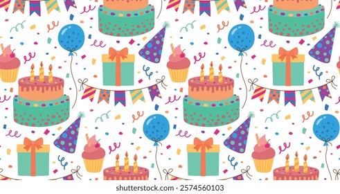 Seamless festive background with cake, balls, confetti, hat, flags and gifts. Birthday bright pattern