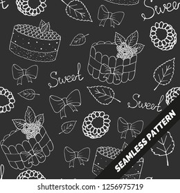 Seamless festive background with cake, bow, leaves and berries. Endless images for cafe and restaurant menu, packaging. Black and white, monochrome. Vintage style. Vector illustration.