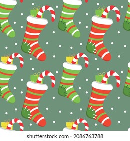 Seamless festive background with Christmas knitted sock and gift