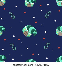 Seamless festive background. Deep blue background. Fairy houses of elves, mistletoe leaves and white circles of snow. Vector. Cartoon. Houses for fabulous creatures. Christmas. Suitable for fabric.