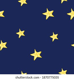 Seamless festive background. Deep blue background. Yellow stars. Different sizes. Vector. Cartoon. The stars are five-pointed. Christmas. Suitable for fabric, paper and wallpaper.