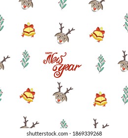 Nahtloser festlicher Hintergrund. Hirschkopf, Mistelblätter, Glocken und die Inschrift "Frohes neues Jahr" Handgeschriebene Inschrift. Vektorgrafik. Cartoon. Hirsch. Weihnachten. Geeignet für Gewebe, Papier und Tapeten