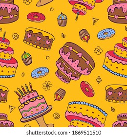 Seamless festive background. Doodle background for birthday, party. Hand-drawn background for packaging, cards, decoration.