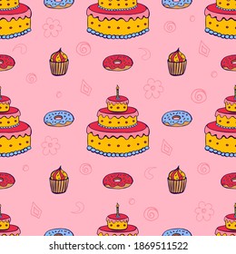 Seamless festive background. Doodle background for birthday, party. Hand-drawn background for packaging, cards, decoration.