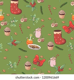 
Seamless festive background for fabric, packaging. With Christmas attributes.