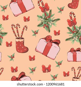 
Seamless festive background for fabric, packaging. With Christmas attributes.