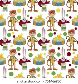 Seamless festive background with funny monkey and hare for wrapping paper, wallpaper, web pages, textiles and other items.