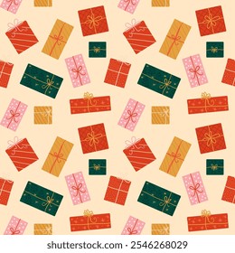 Fondo festivo sin fisuras con regalos rojos y dorados y confeti. cajas de regalo de diferentes Formas con un sentimiento festivo.