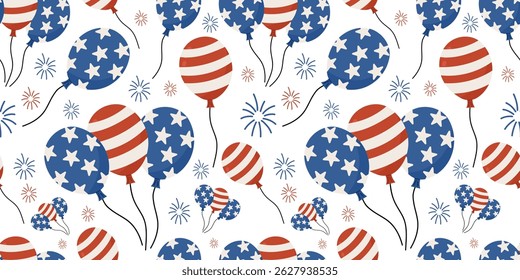 Seamless festive balloon pattern with red, white, and blue stars and stripes on white background, ideal for 4th of July, American Independence Day, patriotic decorations, and party design projects