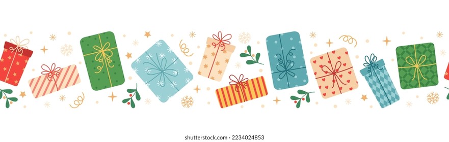 Seamless festive border with Christmas gifts. Pattern with colorful gifts of red, green, blue flowers with snowflakes and stars. Flat cartoon illustration.