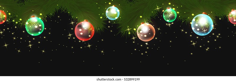 Seamless festive border with fir branches, bright garlands and sparkles. Vector element for  framework and your creativity