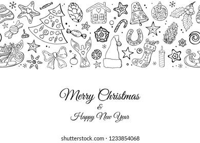 Seamless festive border pattern with traditional Christmas symbols. Endless traditional texture for Christmas design, fabrics, wallpapers, greeting cards, wrappings. Vector monochrome illustration.