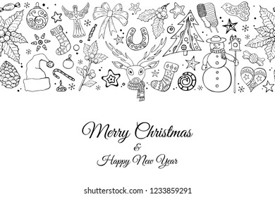 Seamless festive border pattern with traditional Christmas symbols. Endless traditional texture for Christmas design, fabrics, wallpapers, greeting cards, wrappings. Vector monochrome illustration.