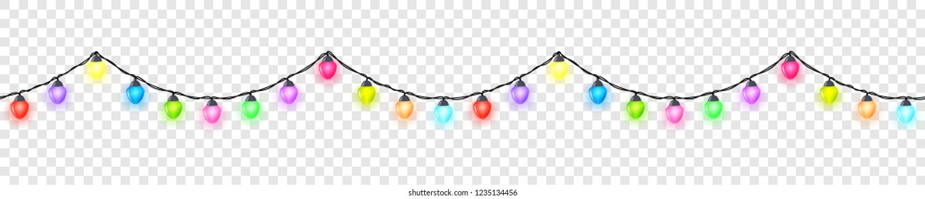Seamless festive bright colored glowing garland without background , Christmas decorations