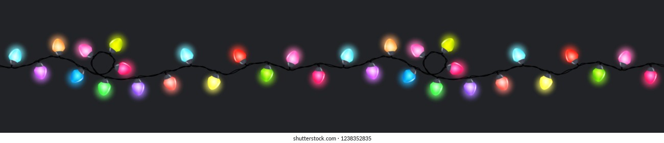 Seamless festive bright multi-colored glowing garland on a dark background , Christmas decorations, vector illustration