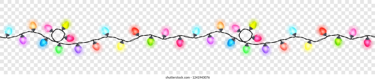 Seamless festive bright multi-colored glowing garland without background , Christmas decorations, vector illustration