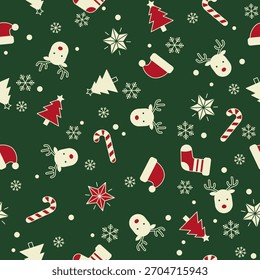 Seamless festive Christmas holiday pattern with reindeer, trees, candy canes, stars, snowflakes, and Santa hats on a dark green background