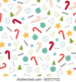 Seamless festive Christmas pattern background in memphis style. 