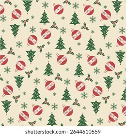 Um padrão de Natal festivo sem costura com árvores decoradas, ornamentos vermelhos, folhas de azevinho e flocos de neve em um fundo bege vintage. Perfeito para embrulho de presente, cartões de felicitações, design têxtil. 