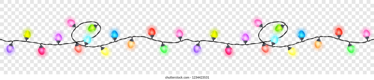 Seamless festive colored glowing garland without background , Christmas decorations