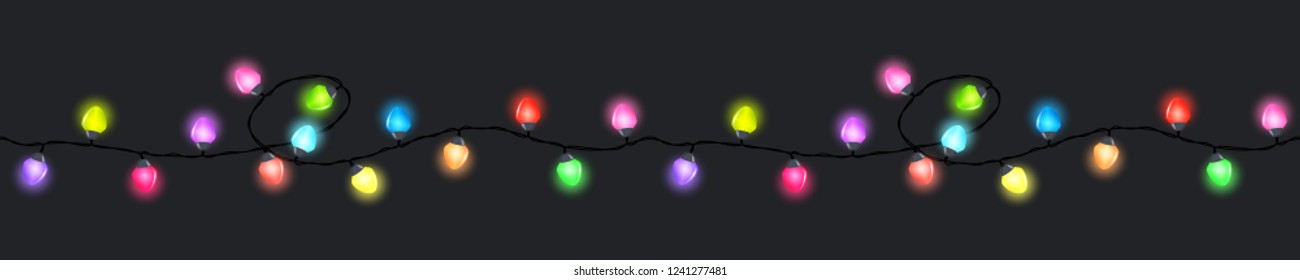 Seamless festive colored glowing garland on a dark background , Christmas decorations, vector illustration