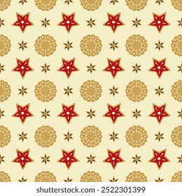 Seamless, festive, colorful ginger cookie pattern. Traditional Christmas baking. Illustration for textiles, wrapping paper, wallpaper, cover, postcard, poster.