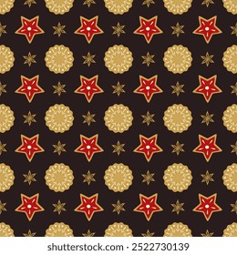 Seamless, festive, colorful ginger cookie pattern on a dark background. Traditional Christmas baking. Illustration for textiles, wrapping paper, wallpaper, cover, postcard, poster.