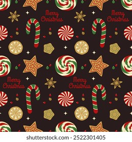 Seamless, festive, colorful pattern of Christmas elements. Cookies, caramel, candy cane, candy.