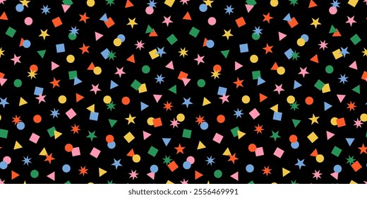 Seamless festive confetti pattern with rainbow geometric shapes like stars, circles, squares, and triangles on a black background. Perfect for New Year, Carnaval, Birthday, and Christmas backdrops. 