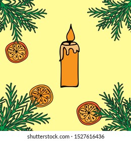 Seamless festive design elements: branches of a Christmas tree, orange slices and a candle, on a caramel background. New Year concept.. Vector illustration