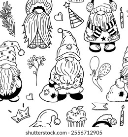 Seamless festive dwarf pattern with balloons and holiday cupcakes