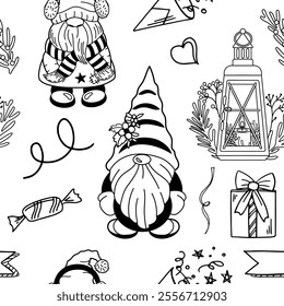 Seamless festive dwarf pattern with lanterns and holiday decorations