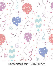 Seamless festive flat pattern with balls with pattern, serpentine and confetti on white background. Birthday cartoon wallpaper. Vector baby texture for fabrics, wrapping paper and your creativity.