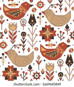 Seamless festive flat pattern.Birds, flowers with boho ornaments and dots on a white background. Easter vector texture for wallpapers, fabrics and your creativity.
