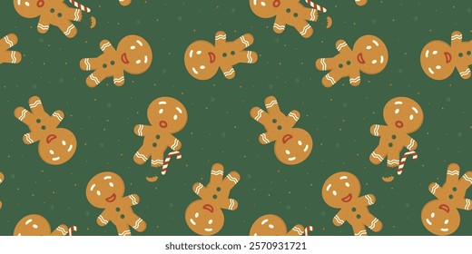 Seamless festive gingerbread man pattern. Design for Christmas backgrounds, wrapping paper. The theme of festive baking. Vector illustration.