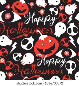 Patrón de Halloween festivo sin inconvenientes con calaveras y calabazas en un fondo oscuro. Plantilla para un sitio web o tejido.